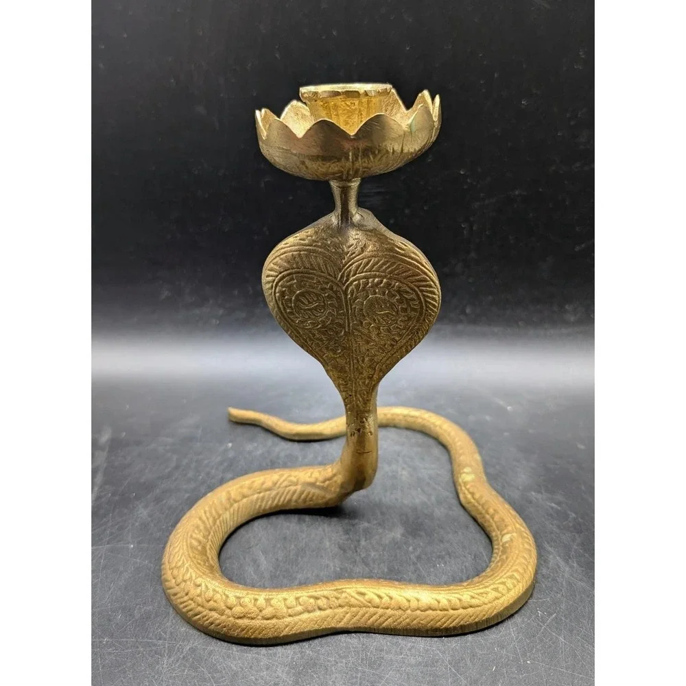 Vintage Brass Cobra Snake Candlestick Holder Lotus Flower King‎ Cobra India 8in